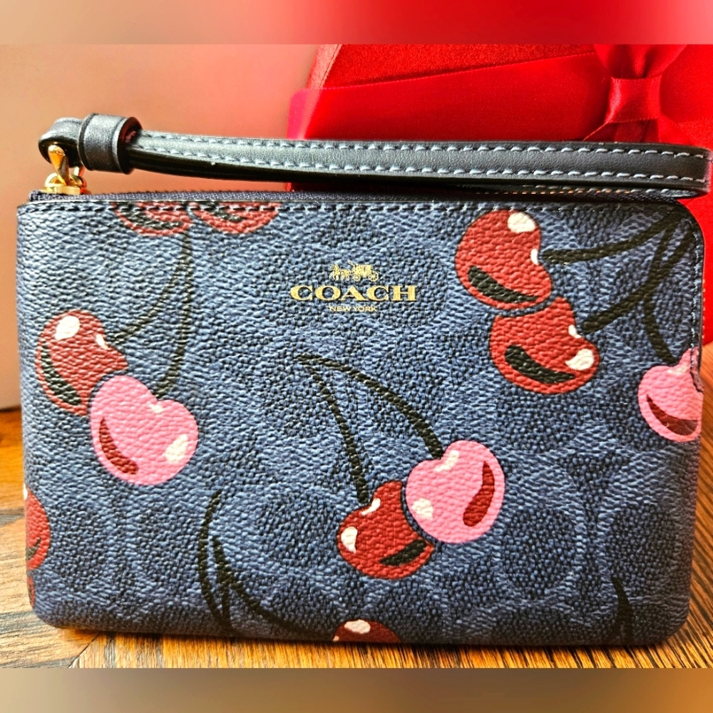 Coach Corner Zip Cherry 🍒  Denim Navy Wristlet NWTS
